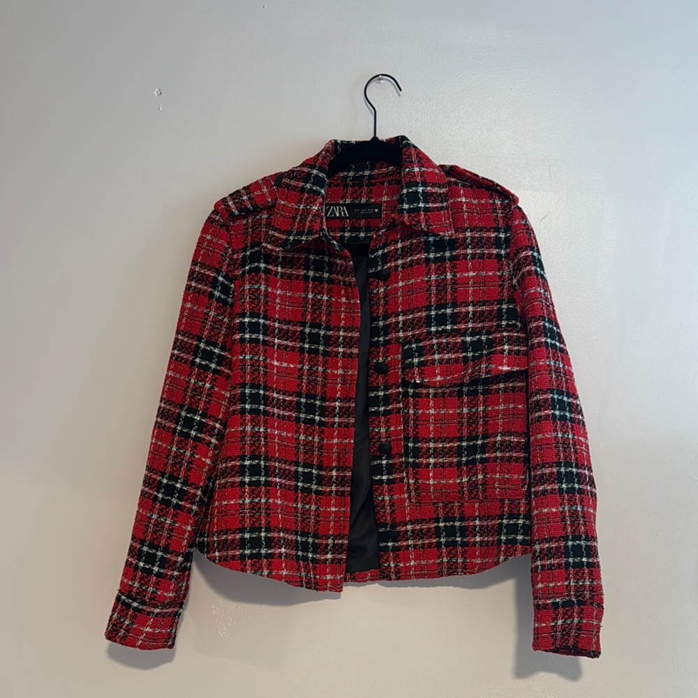 Zara Red and Black Plaid Women's Blazer